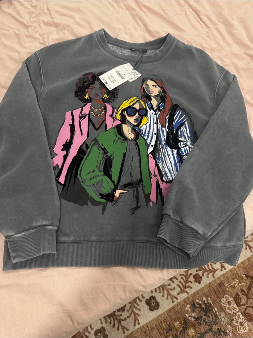 Zara Gray Crewneck Sweater with Multicolor Fashion Illustration